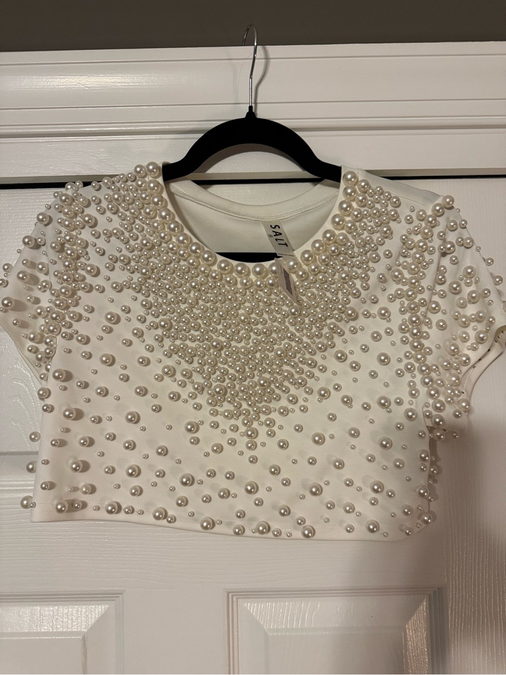 Pearl-Embellished Cream Crop Top by S A I T
